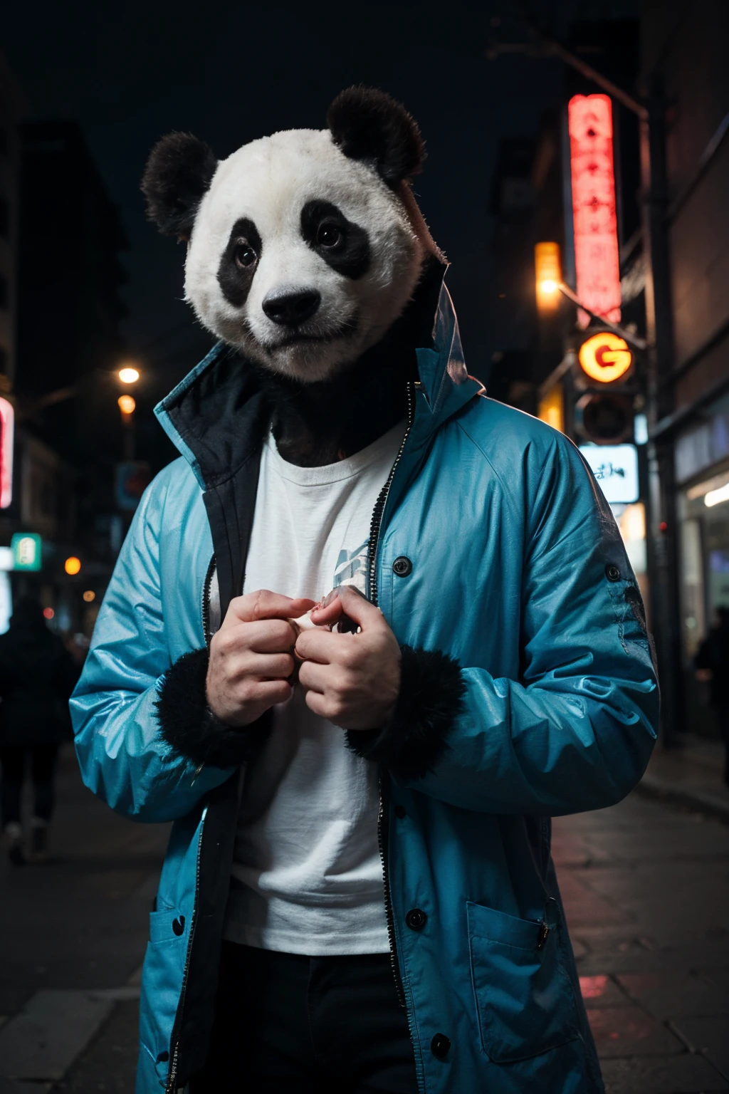 Panda, cyberpunk ultra realista
((best quality)), ((master part)), (circunstanciado), angry panda face Cyan blue coat Crossed arms