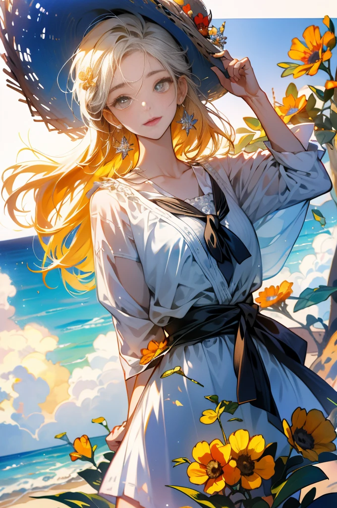 absurdos,A high resolution,Ultra - Detalhado,1girl,solo,olhos muito detalhados,estrela-do-mar,Concha do mar,Concha do mar,Floral,hats,adornos de cabelo,joias,straw hat,olhando para o espectador,sun glasses,Cap flower,canudo,pino de cabelo,耳Nipple Ring,flores vermelhas, vidros coloridos, flor amarela, Por franja, English text, cabelos coloridos, flores alaranjadas, cabelos morenos, anel do mamilo, Ccup, long, whitish hair, eye glass, Restaurantes, cabelos castanhos, Retrato, ornamento do cabelo da concha
