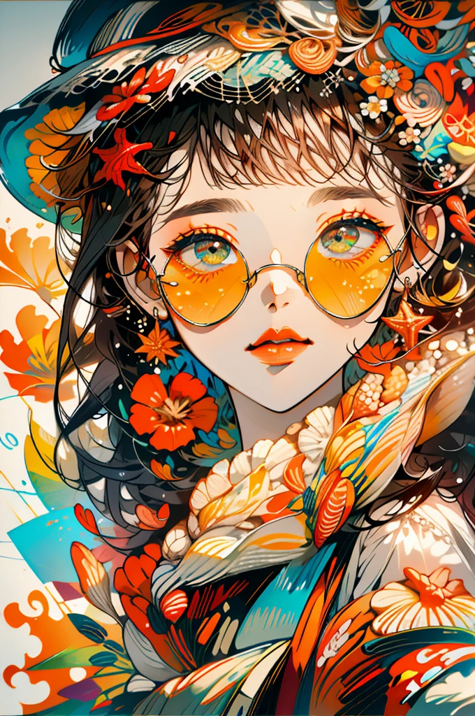 absurdres, highres, ultra detailed, 1girl, solo, extremely detailed eyes, starfish, seashell, shell, flower, hat, hair ornament, jewelry, straw hat, looking at viewer, sunglasses, hat flower, drinking straw, hairclip, earrings, red flower, tinted eyewear, yellow flower, bangs, english text, multicolored hair, orange flower, black hair, ring, cup, long hair, orange-tinted eyewear, food, brown hair, portrait, shell hair ornament