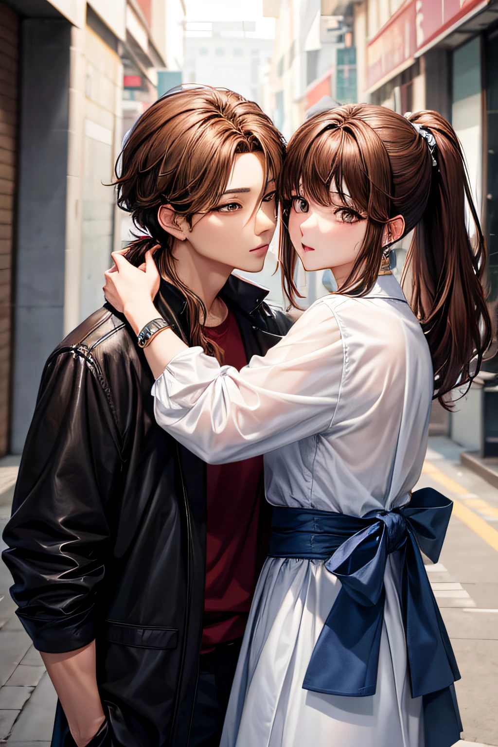 a korean male adult k-pop idol with brown hair kissing a girl with a brown long ponytail