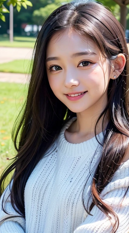 a closeup, ​masterpiece, top-quality, Raw foto, Photorealsitic, beautiful a girl, cute little, longwavy hair, depth of fields, hight resolution, ultra-detailliert, finely detail, ighly detailed, extremely detailed eye and face, Sharp pupils, Realistic pupils, Larger sweater、onepiece、Shoulders are sagging、a smile