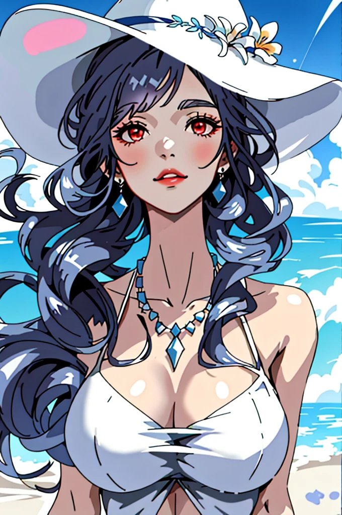 (masterpiece:1.2, best quality), (1lady, solo, upper body:1.2), Clothing: white flowy maxi dress, wide-brimmed hat, strappy sandals, Accessories: shell necklace, Hair: loose beach waves, Makeup: natural, glowing skin, Behavior: relaxed, carefree, free-spirited, Location: beach, resort, outdoor festival, red eyes, huge tits,