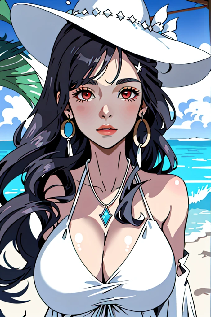 (masterpiece:1.2, best quality), (1lady, solo, upper body:1.2), Clothing: white flowy maxi dress, wide-brimmed hat, strappy sandals, Accessories: shell necklace, Hair: loose beach waves, Makeup: natural, glowing skin, Behavior: relaxed, carefree, free-spirited, Location: beach, resort, outdoor festival, red eyes, huge tits,