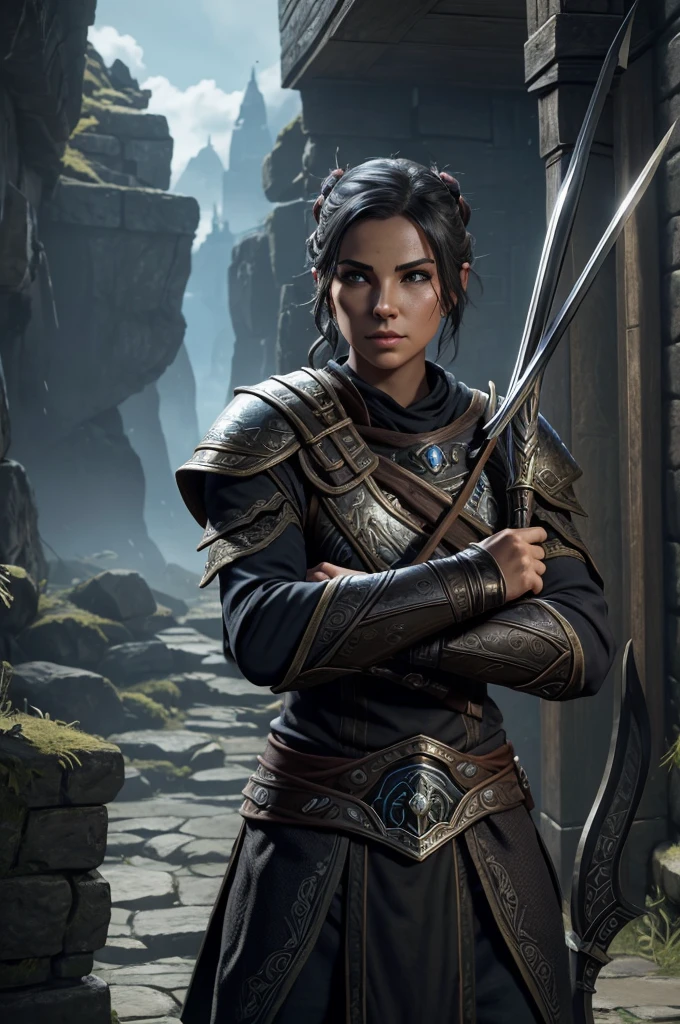 a close up of a person with a bow and a bow, elder scrolls online, thief warrior, eso armor, the elder scrolls vi, elderscrolls, elder scrolls art, elder scrolls v, with hand crossbow, elder scrolls, the elder scrolls, video game character art, epic elder scrolls art, action rpg video game, technomancer