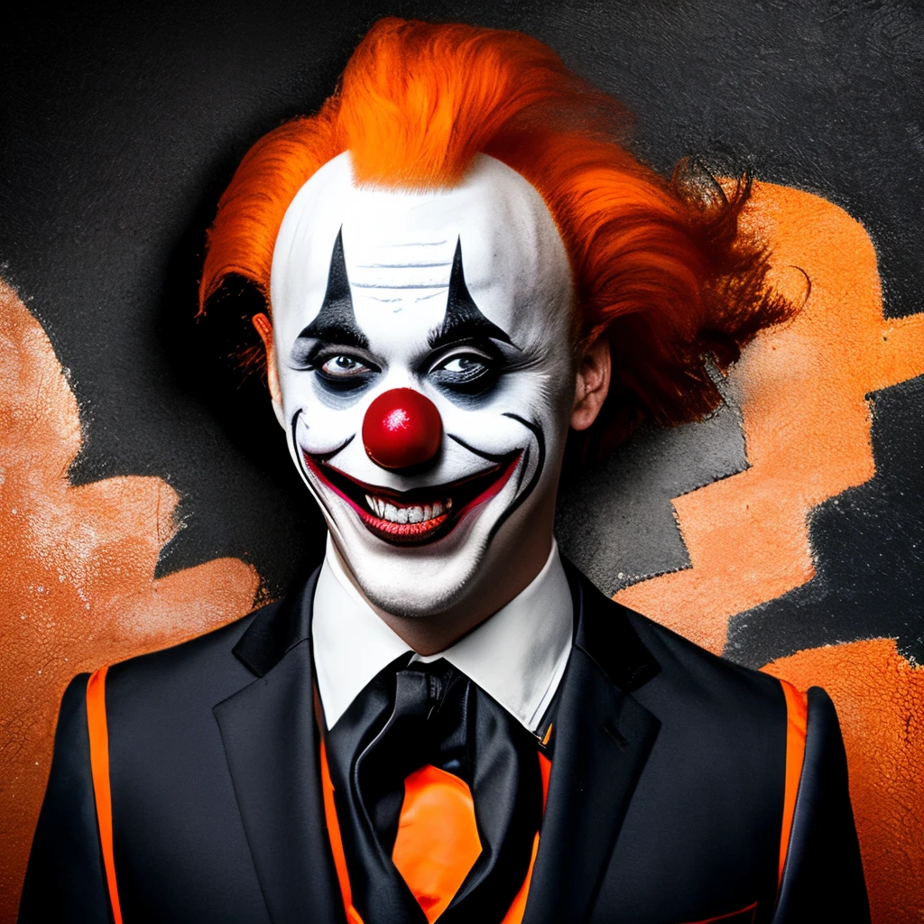 A male 5'9" clown with long orange messy hair, blacked-out eyes, and destroyed clown makeup with a carved frown wearing an orange and black suit with black sneakers.