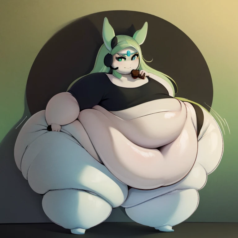 Highest quality)), ((well draw)), ((masterpiece)), ((Solo)), Femboy ,

(Meloetta), ((Full body)) (light cream skin), (Long green hair ), ((Skintight green and black Crop top:1.8)) ((mint Green Shorts)), Expression (( Smug)), Pose:((dynamic, Sexy)),obese,(hyper hips:1.5), (thick ,Fat thighs:1.4), (Big Round Belly),  ,  ((Bottom heavy)), Anatomically accurate body:1.6, (Well drawn face), belly,ass,((fat face,))
((Eating Chocolates and Burgers))