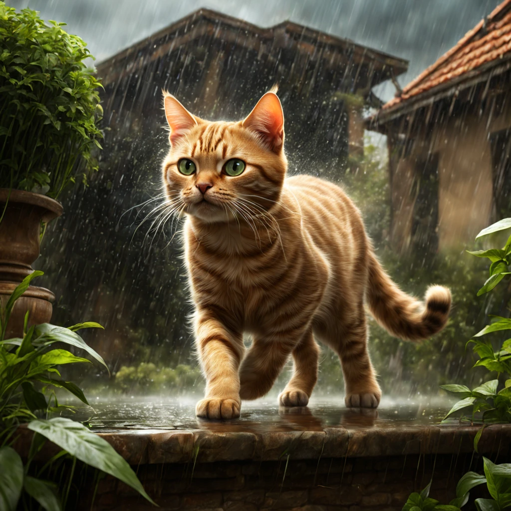 Thunderstorm and downpour in the garden. Frightened cute cat runs away from the rain, UHD, perfect composition, sf, intricate artwork masterpiece, ominous, matte painting movie poster, golden ratio, trending on cgsociety, intricate, epic, trending on artstation, by artgerm, h. r. giger and beksinski, highly detailed, vibrant, production cinematic character render, ultra high quality model