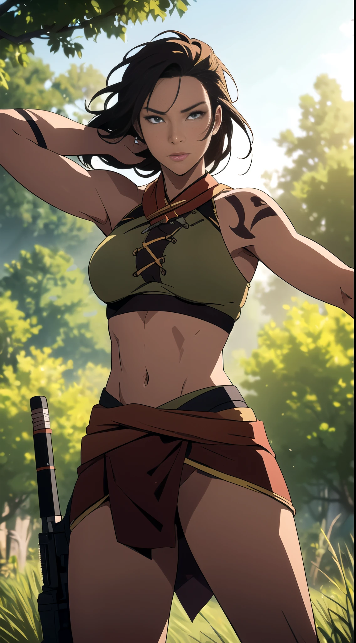 (One Person), (Masterpiece, Best Quality), (An Energetic 25-Year-Old Female Werewolf Tracker), (Wild Chestnut Hair), (Amber Wolfish Eyes), (Tanned Skin with Tribal Tattoos), (Wearing Tracker's Leather Attire), (Hunting Grounds in the Wild), (Dynamic Pose), Centered, (Half Body Shot:1.4), From Front Shot, Insane Details, Intricate Face Detail, Intricate Hand Details, Cinematic Shot and Lighting, Realistic and Vibrant Colors, Masterpiece, Sharp Focus, Highly Detailed, Taken with DSLR camera, Depth of Field, Realistic Environment and Scene, Master Composition and Cinematography