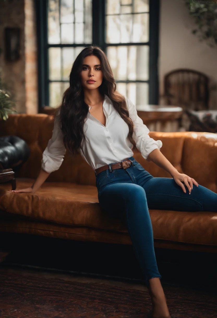 1girl,solo,best quality, masterpiece, 8k,raw photo, photo (object), extremely detailed, raw,realistic,sitting, looking at viewer,jeans,white t-shirt,long hair,black hair, couch,