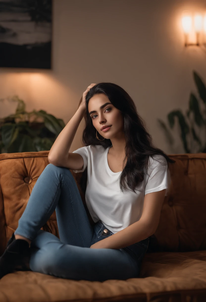 1girl,solo,best quality, masterpiece, 8k,raw photo, photo (object), extremely detailed, raw,realistic,sitting, looking at viewer,jeans,white t-shirt,long hair,black hair, couch,