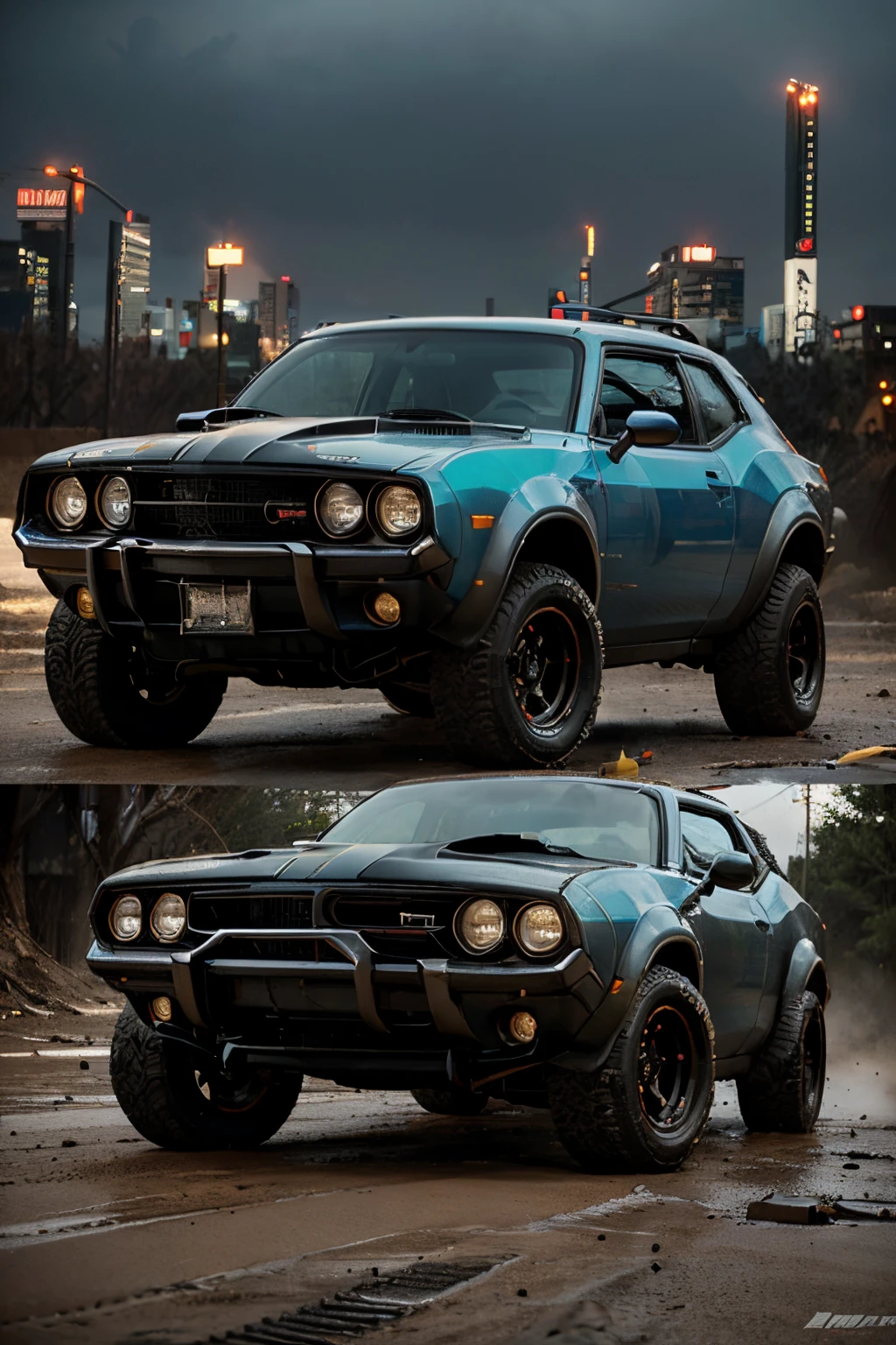Be in a cyberpunk city, amc gremlin combined with challenger hellcat with off road gear and accessories, lift kit and mud tires