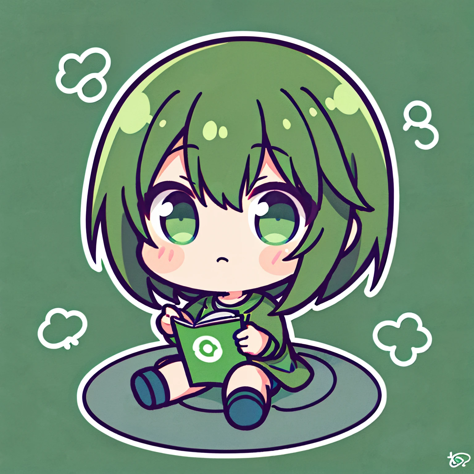 Chibi boy, siting, green clothes, a few game characters sitting