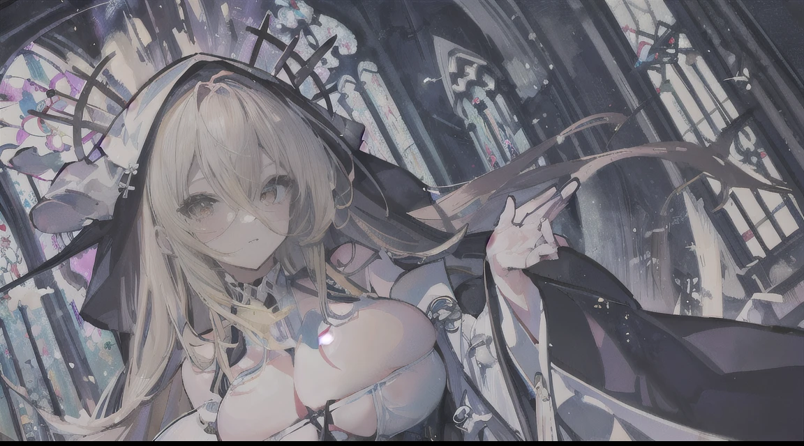 Implacable(azur lane)、爆乳、a blond、sister、inside a church、Stained Glass、Yellow eyes、from waist up