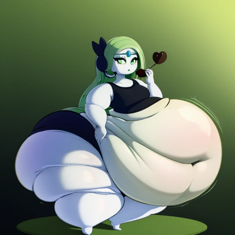 Highest quality)), ((well draw)), ((masterpiece)), ((Solo)), Femboy ,

(Meloetta), ((Full body)) (light cream skin), (Long green hair ), ((Skintight green and black Crop top:1.8)) ((mint Green Shorts)), Expression (( Smug)), Pose:((dynamic, Sexy)),obese,(wide hips:1.5), (thick ,Fat thighs:1.4), (Big Round Belly),  ,  ((Bottom heavy)), Anatomically accurate body:1.6, (Well drawn face), belly,ass,((fat face,))
((Eating Chocolates and Burgers))