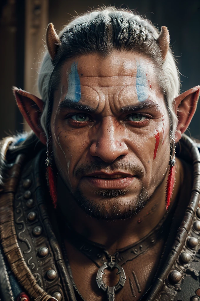 painting of a man with a white face and red and blue paint on his face, warcraft artwork, world of warcraft art, from warcraft, blizzard warcraft artwork, highly detailed fantasy art, world of warcraft art style, portrait of an orc, portrait of an orc warrior, orc themed, world of warcraft splash art, world of warcraft concept art, wow 4 k detail fantasy