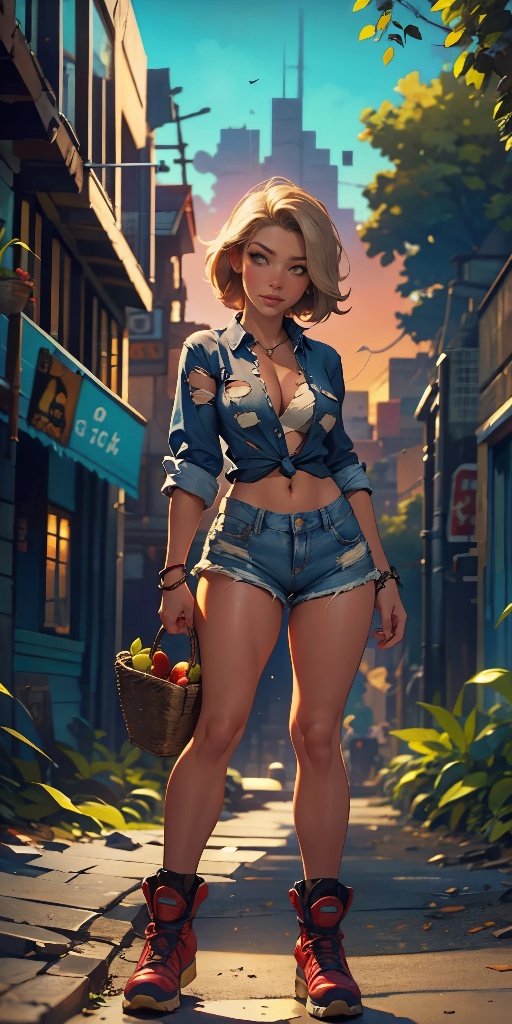 2076 year. The Urban Ruins of the Wasteland, Female huntress picking fruit in the garden, beautiful face, torn shirt and denim shorts ,  long legs, sweating through, sun rising, Nice warm colors, head to toe full body shot