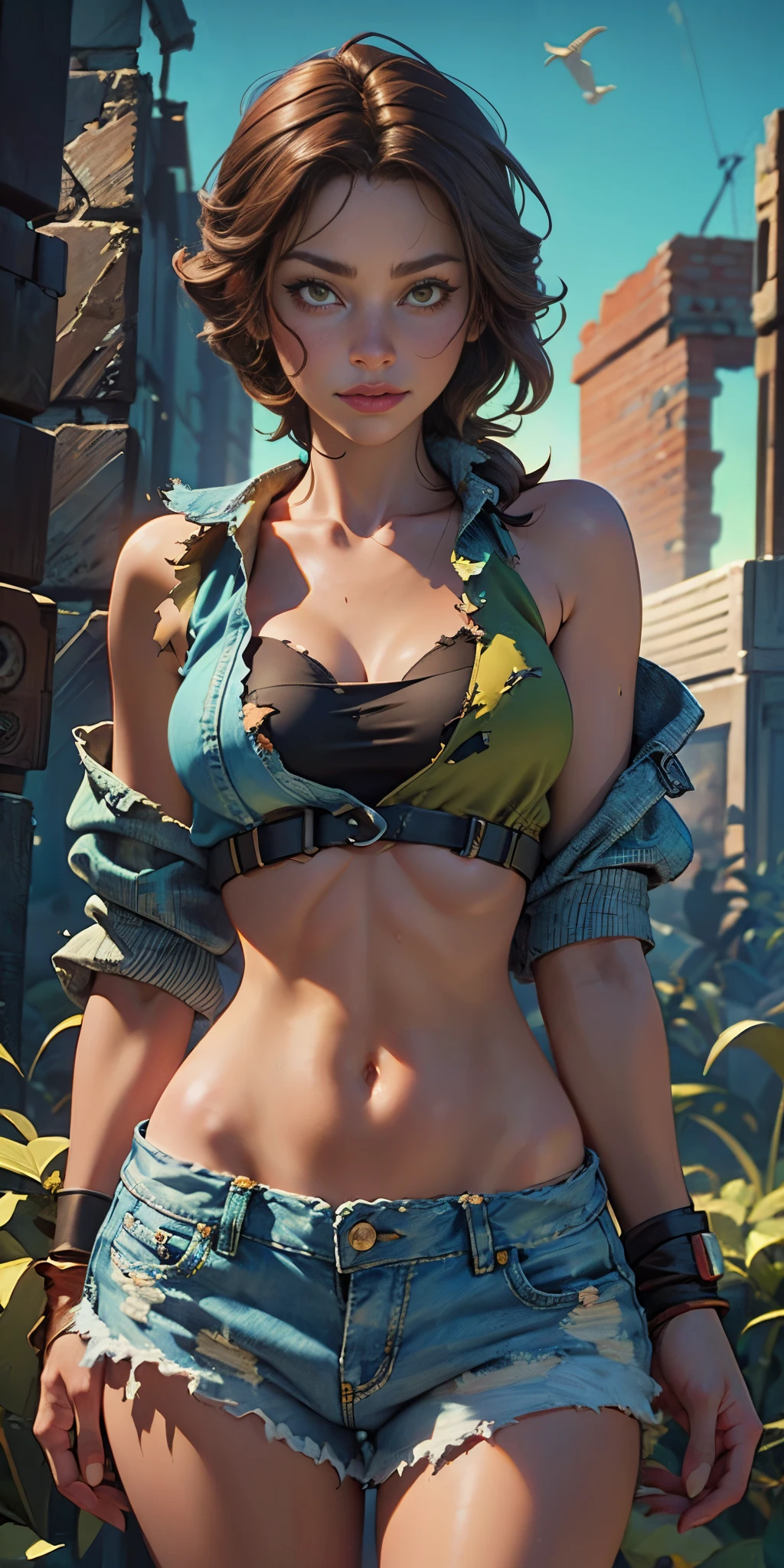 2076 year. The Urban Ruins of the Wasteland, Female huntress picking fruit in the garden, beautiful face, torn shirt and denim shorts , long legs, sweating through, sun rising, Nice warm colors, head to toe full body shot