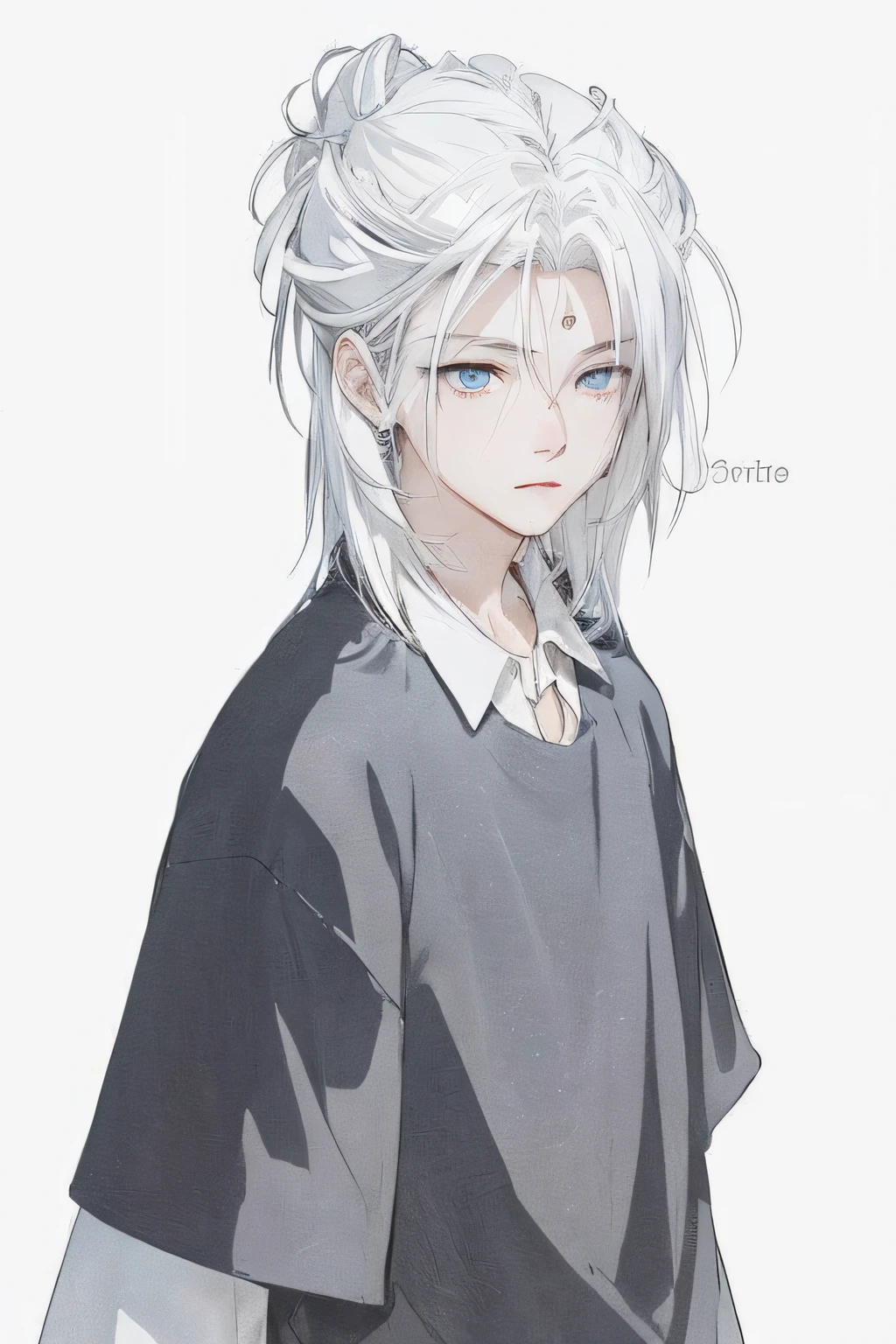 Anime boy, white hair, long hair, simple clothes, white long hair, white skin, long clothes, Spiral Galaxy Eye, Spiral Stars in Eye, galacte eyes, stardust eyes, eyes for stardust