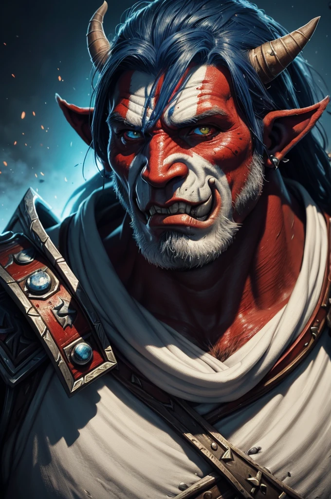 painting of a man with a white face and red and blue paint on his face, warcraft artwork, world of warcraft art, from warcraft, blizzard warcraft artwork, highly detailed fantasy art, world of warcraft art style, portrait of an orc, portrait of an orc warrior, orc themed, world of warcraft splash art, world of warcraft concept art, wow 4 k detail fantasy