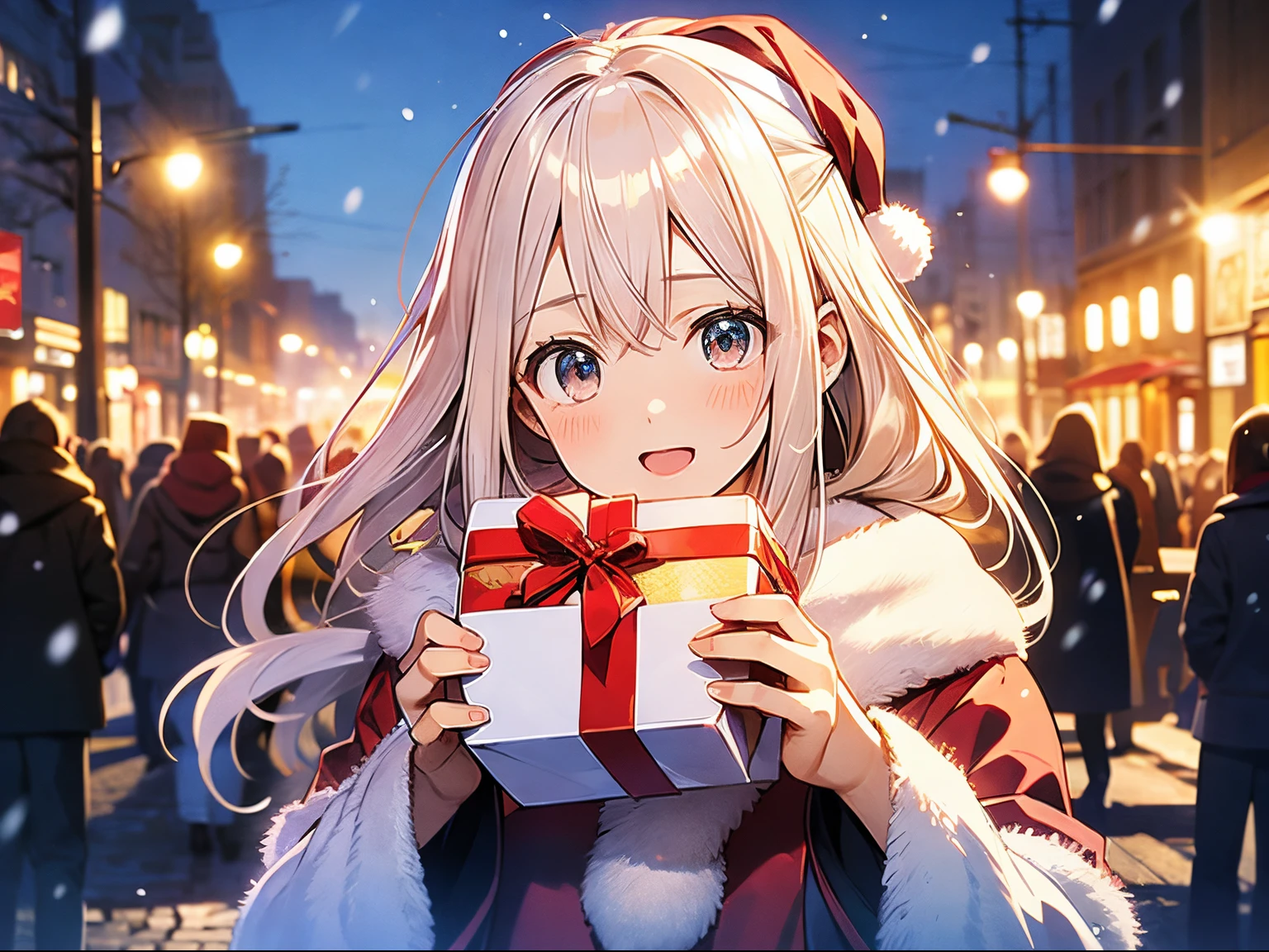 in 8K、top-quality、masterpiece、ultra-detailliert、Ultra-high resolution、1 persons、 girl、It's snowing、nightcity、a blond、santa costume、deliver a present