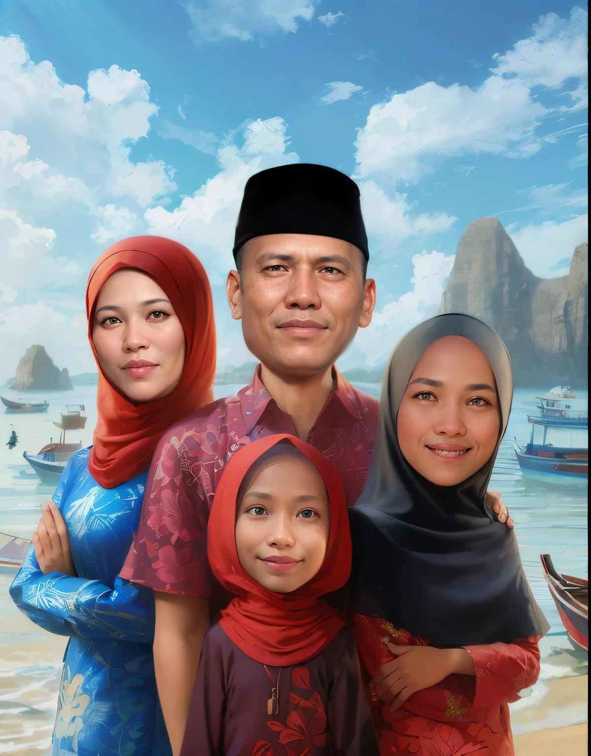 painting of a family of three standing on a beach with boats in the background, an indonesian family portrait, Javanese tribe, Everyone smiles, everyone smiles, Wearing clothes and bottoms with Javanese batik motifs, Muslim family, father wears a skullcap on his head, and women wear hijab, everyone smiles, happy family, full protrait, family portrait, potrait, realism artstyle, everyone smiles, traditional portrait, portrait picture, realistic portrait photo, 1 / 4 portrait, digital panting, protrait, detailed portrait, cartoon digital painting