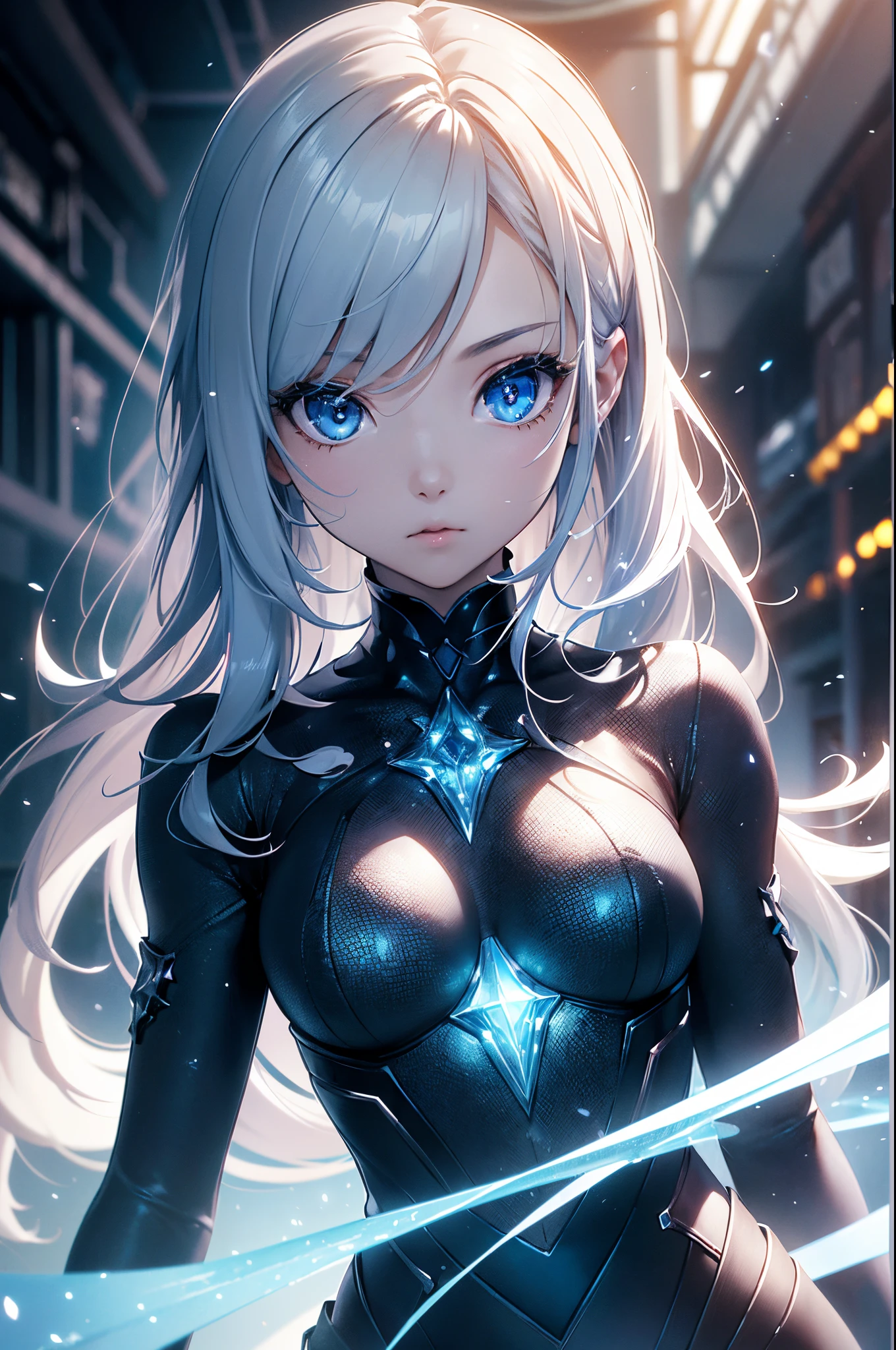 (Official art、Best Quality、Unity 8k Wallpapers、32K、​masterpiece、ultra-detailliert、超A high resolution、realisitic、Photorealsitic:1.2)、(Cinematic lighting:1.2)、Fireglow effect、film grains、Best Shadows、Blue lighting、side lights、sideshot、(Ultra-detailed and complex 3D rendering)、Detailed beautiful face and eyes、A slender、Medium bust、(Full body:1.2)、 Highly detailed background、beauitful face、blurry backround、14 year old beautiful girl、Ice World、Light Particles
