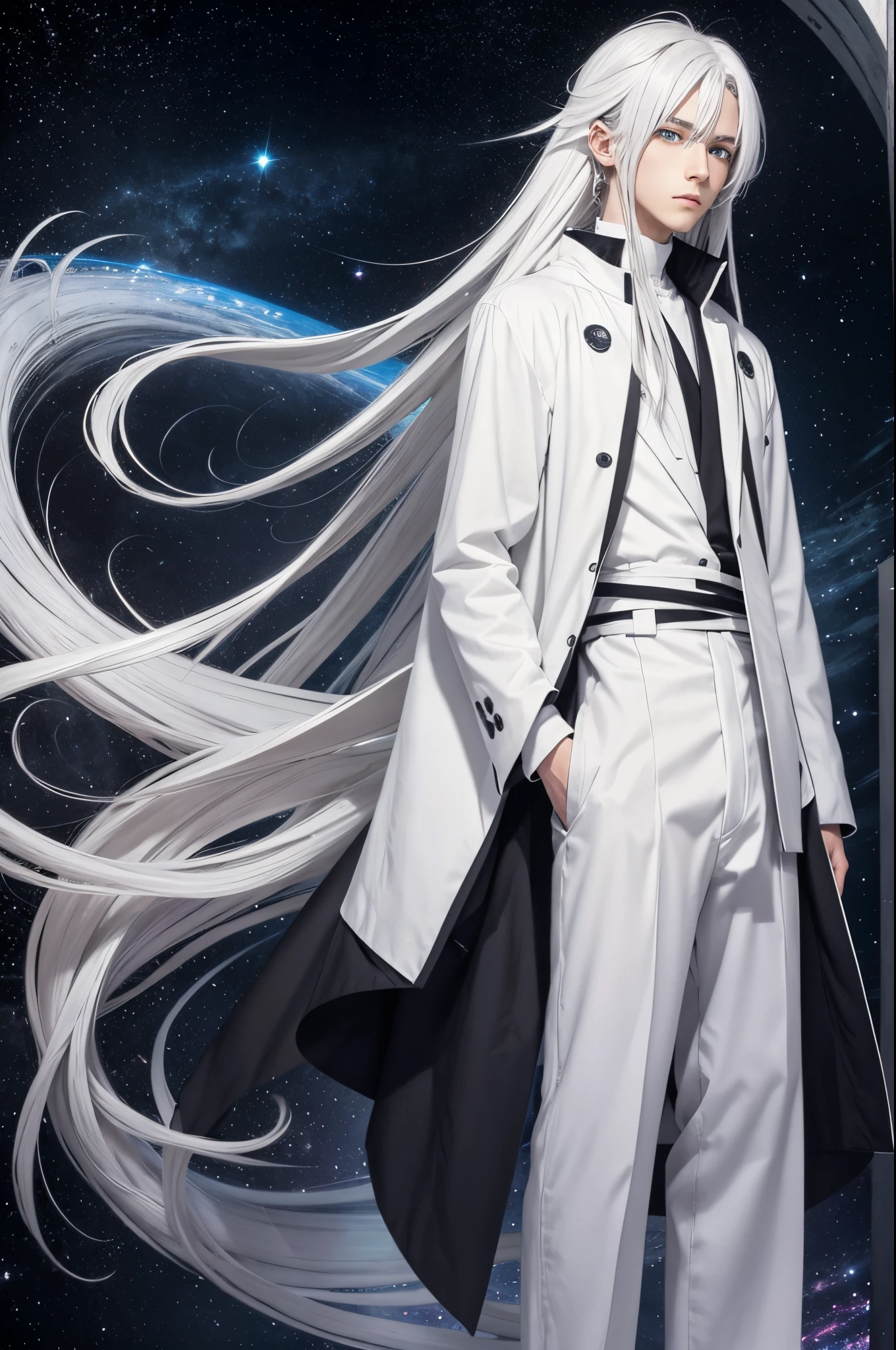 anime boy white hair, deep spiral stardust eyes, he have long and simple gray clothes, white long hair,