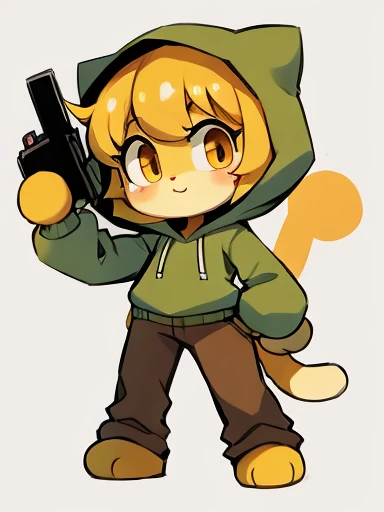Yellow hair, Yellowish orange fur, green hoodie, brown pants, female, neco arc, cat, holding gun