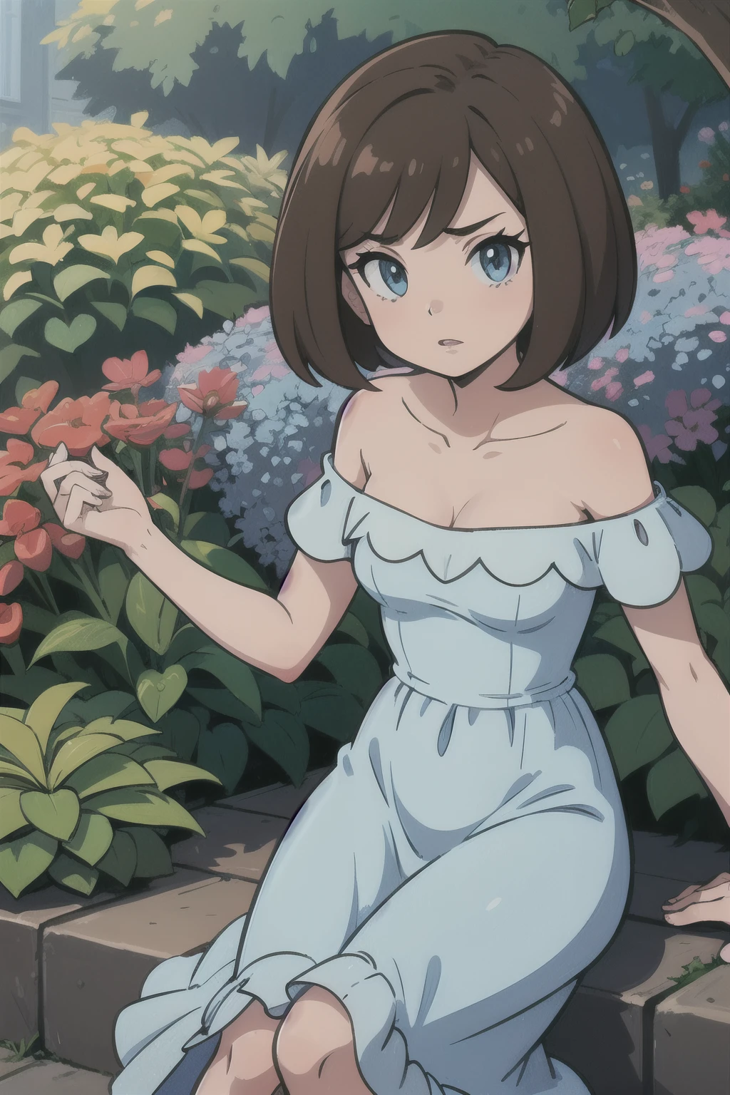 Bianca (pokemon heroes), brown hair, bob cut, medium hair, blue eyes, soft skin, Light Blue Dress, Strapless Light Blue Dress, Ruffle Off-the-Shoulder Top, Off-the-Shoulder Dress, Long Skirt, anime, masterpiece, best illustration, 2d, very high resolution, 1girl, garden, a lot of small details