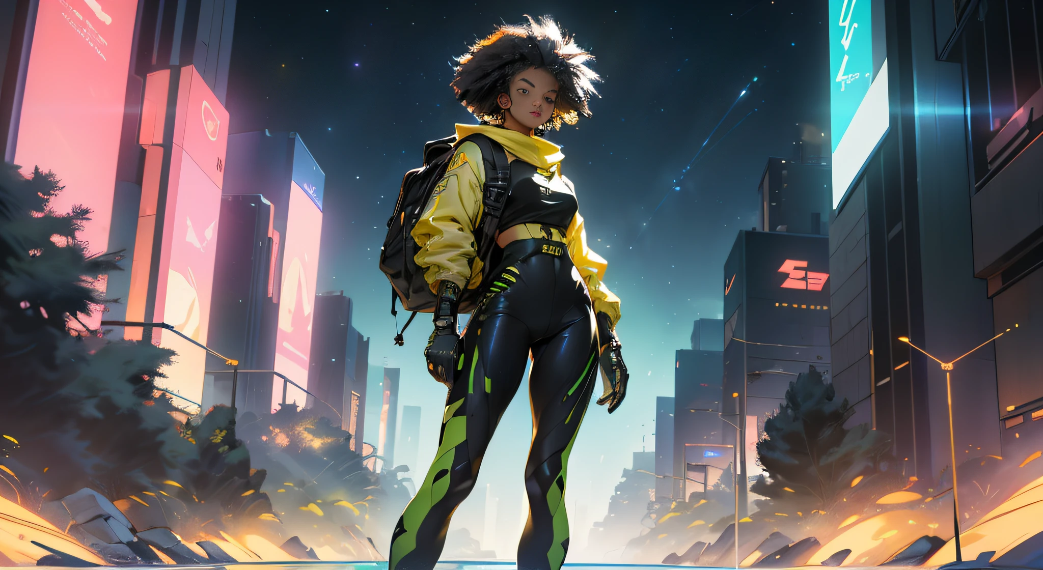 RAW, Masterpiece, Super Fine Photo, Ultra High Resolution, Photorealistic, Sunlight, Full Body Portrait, Stunningly Beautiful, Dynamic Poses, Delicate Face, Vibrant Eyes, solo, deep ebony 1girl, black girl, beautiful face, curly afro hair, black lips, a female character is wearing a yellow and black colored top outfit with a backpack and a yellow hoodie jacket, black, yellow and white sports leisure, yellow futuristic smart goggles, clear lens, green eyes, leggings pants, long hair, diamond earrings, cybernetically enhanced, she is standing in front of spaceships and satellites, starry night sky, pigeoncore, neo-dadaist, Asuka Langley, neon genesis EVA suit, mechanized precision, space crew member, she holds an important position, in crowd spectator at a tech conference in the style of mecha sci-fi anime, 8k, best quality, highres, Unreal Engine:1.4,Ultra-realistic 64K CG, Photorealista:1.4, Skin Texture:1.4, Volumetric fog, 8k uhd, dslr, high quality, film grain, fair skin, photorealism, lomography, sprawling metropolis in a futuristic dystopia, translucent, safe for work
