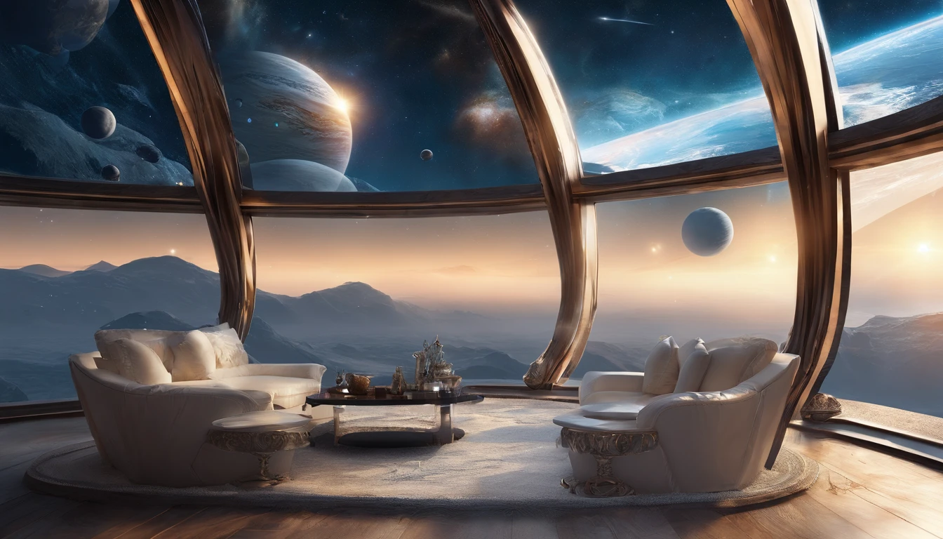 Huge planet, natta, starrysky, ultra-realistic realism, On the table, A high resolution、Impressive galaxy:1.9、sandbeach、vast blue ocean、blue waves、blue glacier、salama:1.9、Protoplanets、pure beauty