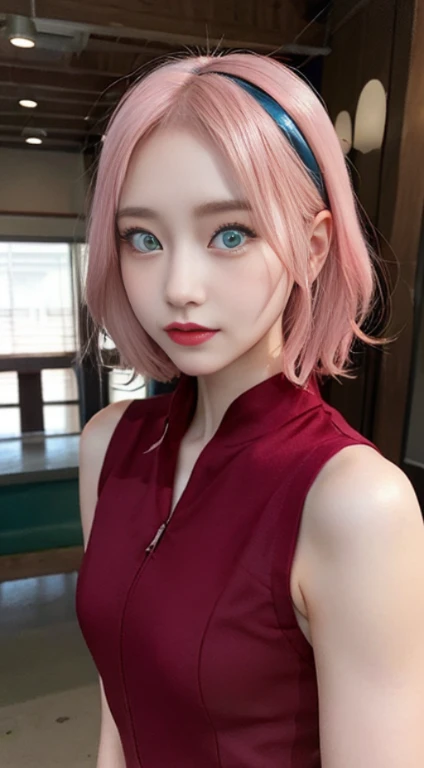 young woman, porcelain skin, short pale pink hair, pink eyebrows, jade green eyes, buttoned nose, thick peach lips, heart-shaped face, wide forehead, red clothes, Sakura Haruno, realism, 3d