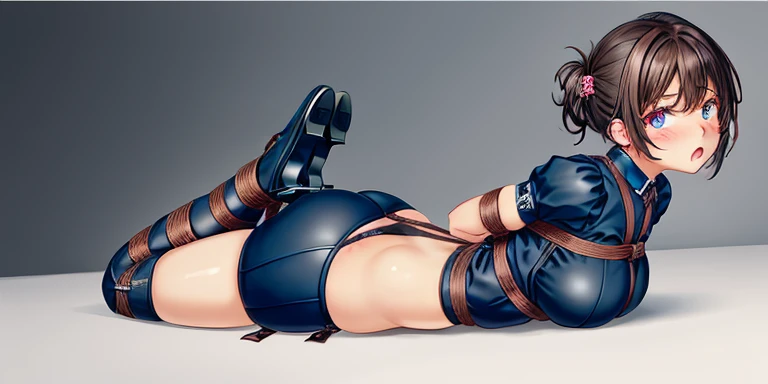 Meisterwerk, best quality, Hogtie, Beautiful girl, Girl Tied Up, Sportkleidung, Big butt, Ballknebel, Girl blushes, Girl lies on her stomach, viele Seile, Girl completely immobile, Girl helpless, Arms tied behind the back, Blick in die Kamera