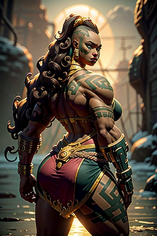 Illaoi, 1girl, pele escura, cabelos longos, musculoso, sozinho, Standing, Rosto detalhado, olhos ultra detalhados, Olhando para o Viewer, cowboy shot, parte superior do corpo, (master part:1.2, best quality), Chinelos,corpo inteiro, sorriso louco