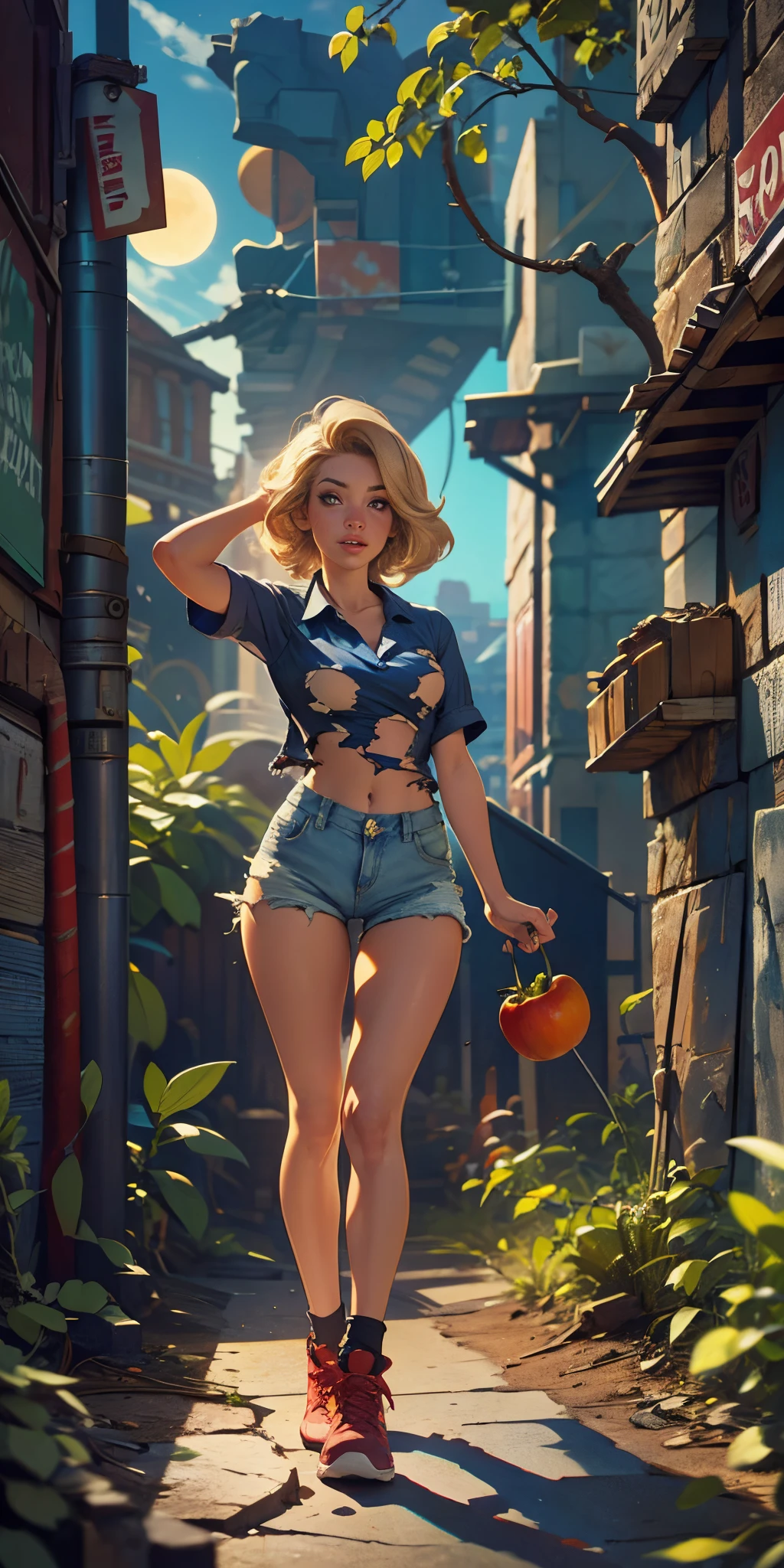 2076 year. The Urban Ruins of the Wasteland, Female huntress picking fruit in the garden, beautiful face, blonde, badly torn shirt and denim shorts , long legs, sweating through, sun rising, Nice warm colors, head to toe full body shot