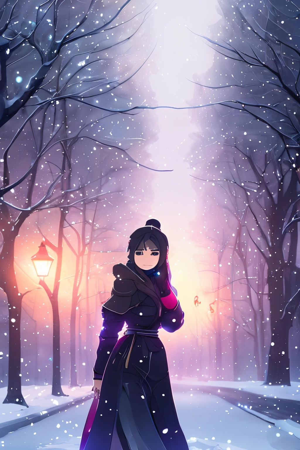 woman in a snow maiden costume stands on a snowy street, black  hair, icy Christmas night, illustration concept art anime key visual trend pixiv fanbox by wlop and greg rutkowski and makoto shinkai and studio ghibli,((Best Quality)), ((Masterpiece)), (Detailed), a perfect face