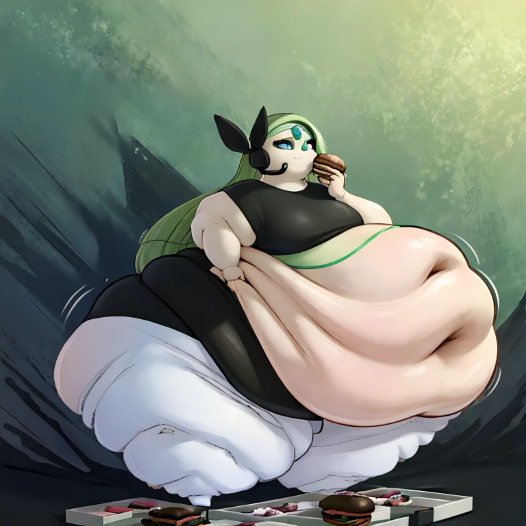 Highest quality)), ((well draw)), ((masterpiece)), ((Solo)), Femboy ,
(Meloetta), ((Full body)) (light cream skin), (Long green hair ), ((Skintight green and black Crop top:1.8)) ((mint Green Shorts)), Expression (( Smug)), Pose:((dynamic, Sexy)),obese,(wide hips:1.5), (thick ,Fat thighs:1.4), (Big Round Belly), , ((Bottom heavy)), Anatomically accurate body:1.6, (Well drawn face), belly,ass,((fat face,))
((Eating Chocolates and Burgers))