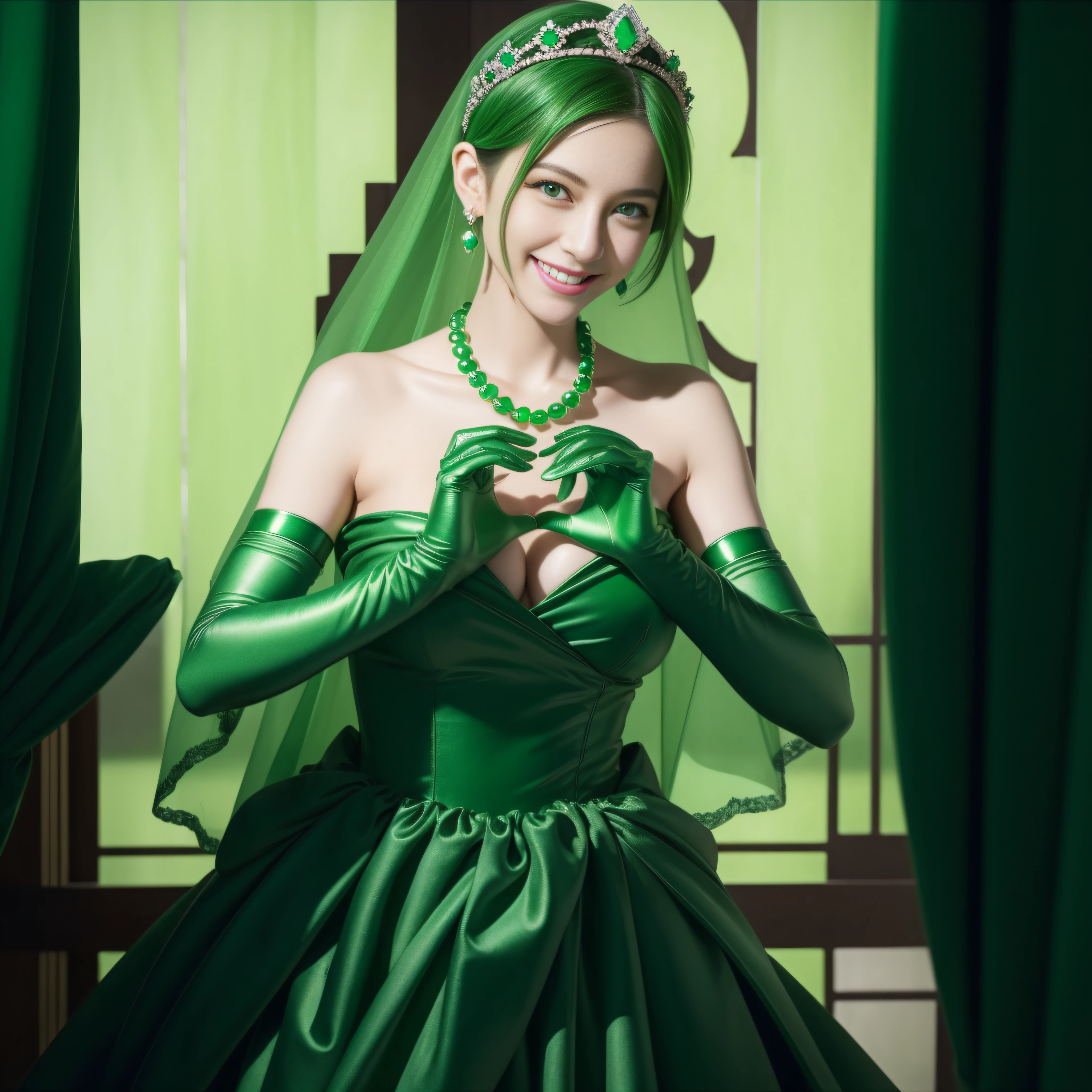 emerald tiara, Green Pearl Necklace, Boyish very short green hair, lipsticks, Japan woman smiling, very short short hair,  big breasts beautiful, Green eyes, Long green gloves made of satin material, Green eyes, Emerald Earrings, green vale, Heart with both hands