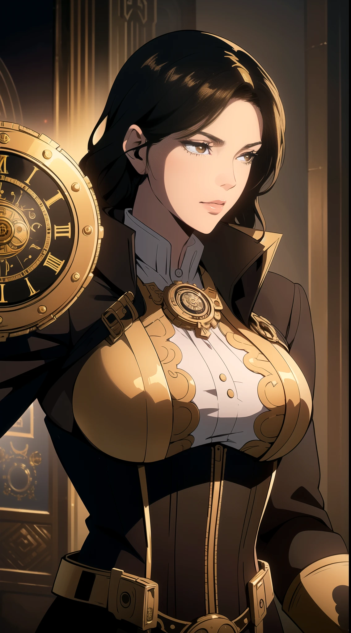 (One Person), (Masterpiece, Best Quality), (A Gorgeous 25 Years Old British Female Clock Mechanic), (Short Wavy Black Hair), (Golden Brown Eyes), (Fair Skin), (Wearing Brown and Gold Steampunk-style Outfit with Goggles and Corsets, with Ornate Golden Gears and Clocks), (Steampunk City Road at Day), (Dynamic Pose), Centered, (Half Body Shot:1.4), From Front Shot, Insane Details, Intricate Face Detail, Intricate Hand Details, Cinematic Shot and Lighting, Realistic and Vibrant Colors, Masterpiece, Sharp Focus, Highly Detailed, Taken with DSLR camera, Depth of Field, Realistic Environment and Scene, Master Composition and Cinematography