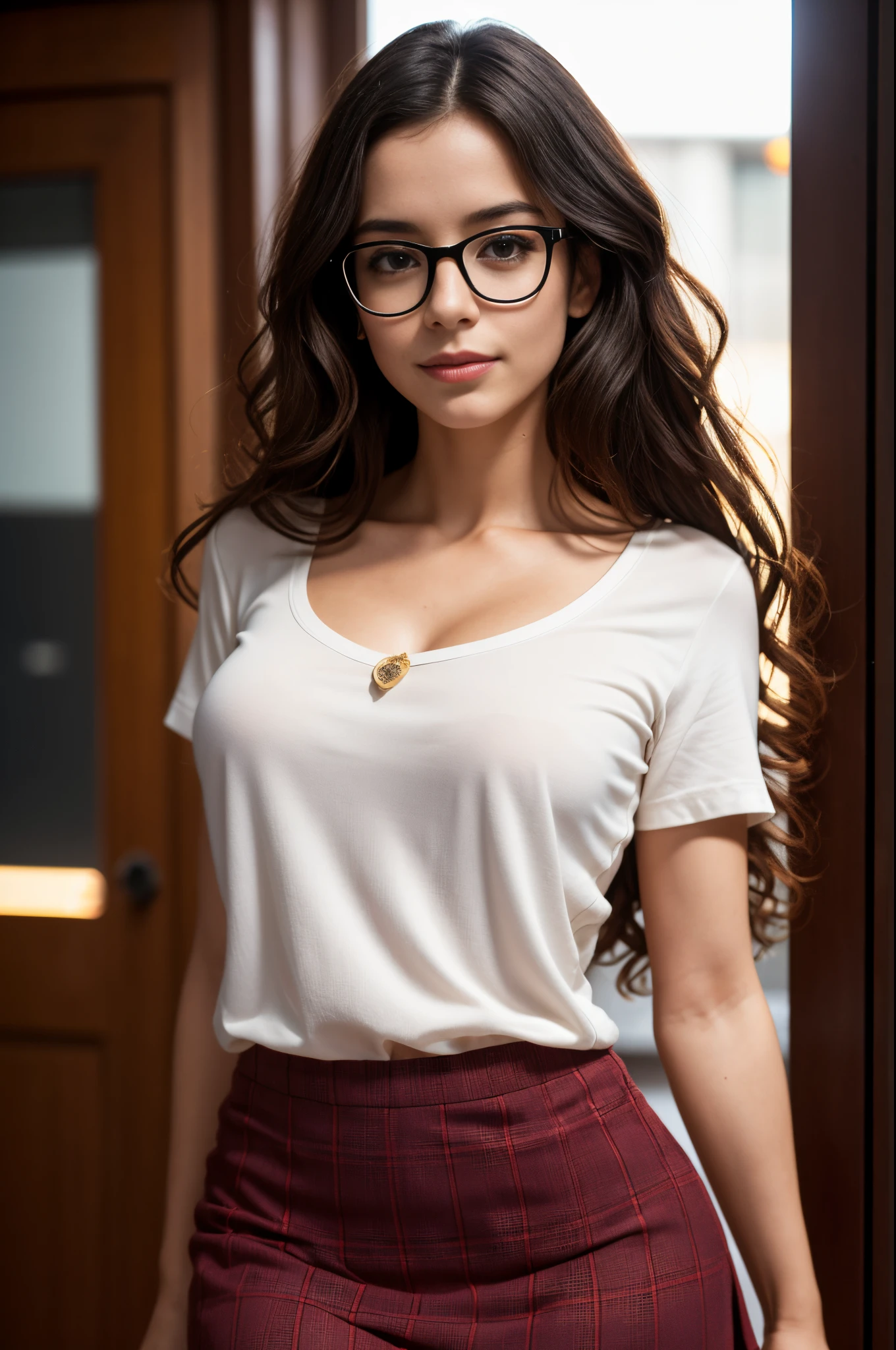 Clara is a beautiful shy nerdy Portuguese woman (Brie Larsen:0.8), detailed eyes, detailed face, high detail skin, strong compact body, dark curly hair, ((small breasts)), glasses, legs, seductive smile, wearing high detail tight shirt and very short skirt, perfect proportions, best quality masterpiece, realistic photo, intricately detailed, 8k, HDR, shallow depth of field, wide light, high contrast, backlight, light flares, chromatic aberration, sharp focus, RAW color photo, looking at the camera, various poses, from behind