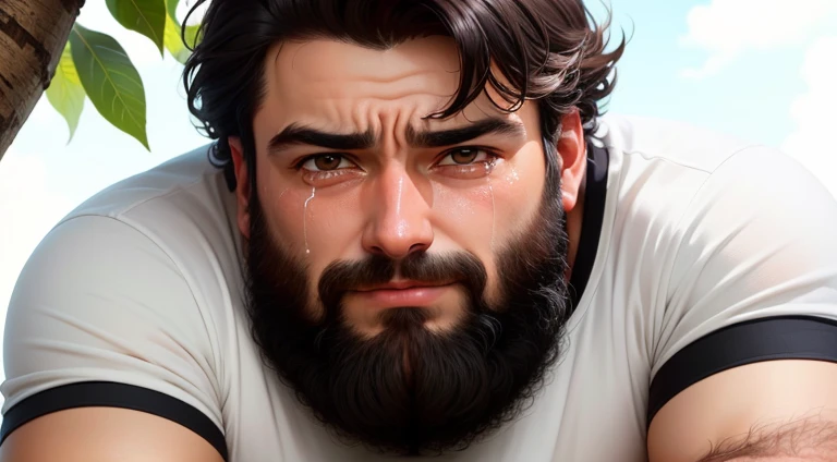imagine um homem bem velhinho com barba branca em estilo toon pixar. He is wearing a white shirt with black stripes. He is crying sitting in a tree-lined square. Fundo desfocado. Luz difusa.