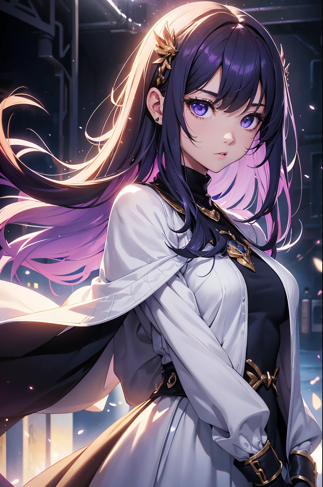 (Official art、Best Quality、Unity 8k Wallpapers、32K、​masterpiece、ultra-detailliert、超A high resolution、realisitic、Photorealsitic:1.2)、(Cinematic lighting:1.2)、Fireglow effect、film grains、Best Shadows、Rim lighting、side lights、sideshot、(Ultra-detailed and complex 3D rendering)、Detailed beautiful face and eyes、A slender、Medium bust、(Full body:1.2)、 Highly detailed background、beauitful face、blurry backround、14 year old beautiful girl、fluffy sweater、Ice Dungeon、3D space、Bands of Light、glowing purple particles