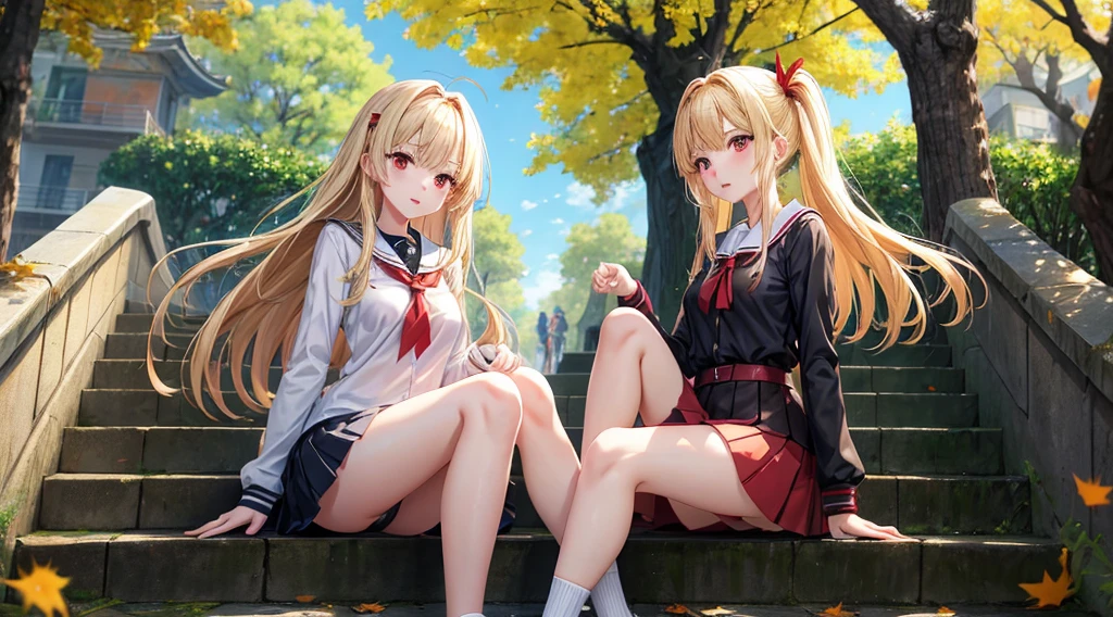 a blond、red eyes、One pretty girl、animesque、student clothes、a miniskirt、a park、sitting on、leaves falling、Crooked tree、sullenness、the wind、stairway
