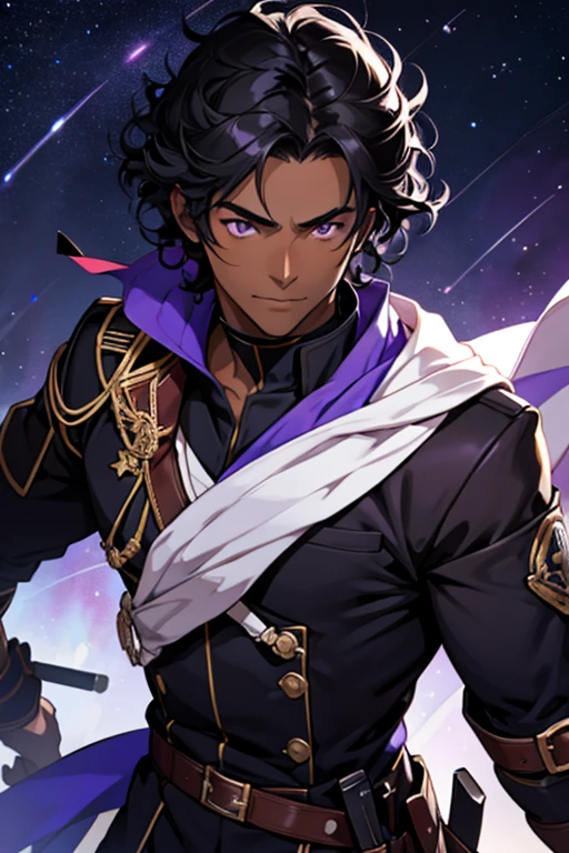 Dark skin boy with purple eyes, curly black hair, male, starry feeling, close up, anime style, 4k image, assassins outfit, classroom background