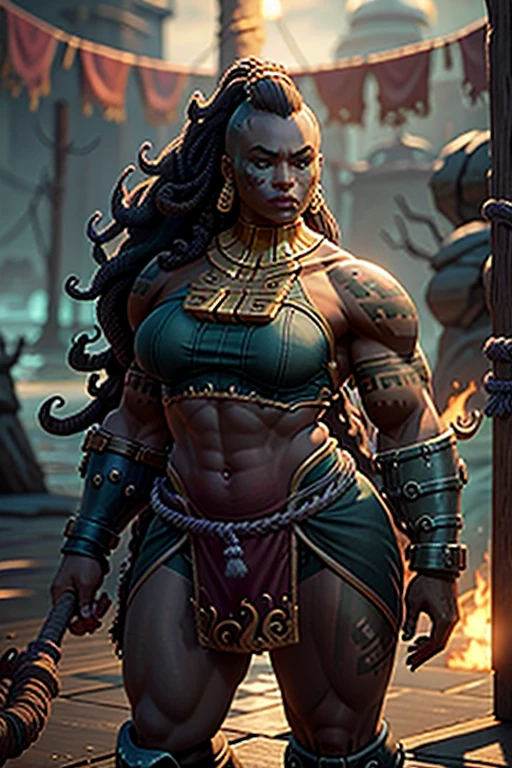 Illaoi, 1girl, pele escura, cabelos longos, musculoso, sozinho, Standing, Rosto detalhado, olhos ultra detalhados, Olhando para o Viewer, cowboy shot, parte superior do corpo, standing on the liquid, shipwreck, (master part:1.2, best quality), casa, interior, cama