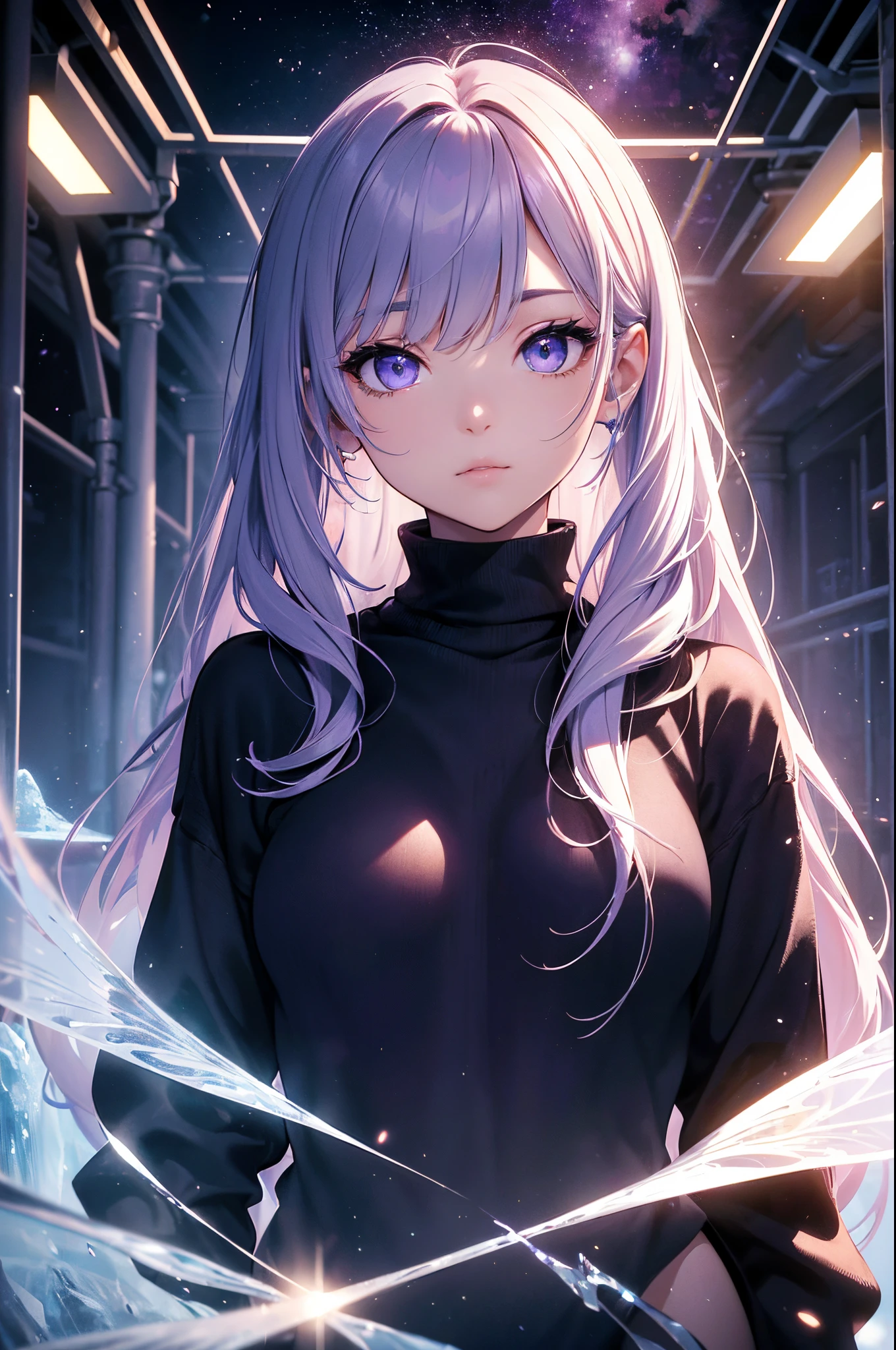 (Official art、Best Quality、Unity 8k Wallpapers、32K、masterpiece、ultra-detailliert、超A high resolution、realisitic、Photorealsitic:1.2)、(Cinematic lighting:1.2)、Fireglow effect、film grains、Best Shadows、Rim lighting、side lights、sideshot、(Ultra-detailed and complex 3D rendering)、Detailed beautiful face and eyes、A slender、Medium bust、(Full body:1.2)、 Highly detailed background、beauitful face、blurry backround、14 year old beautiful girl、fluffy sweater、Ice Dungeon、3D space、Bands of Light、glowing purple particles