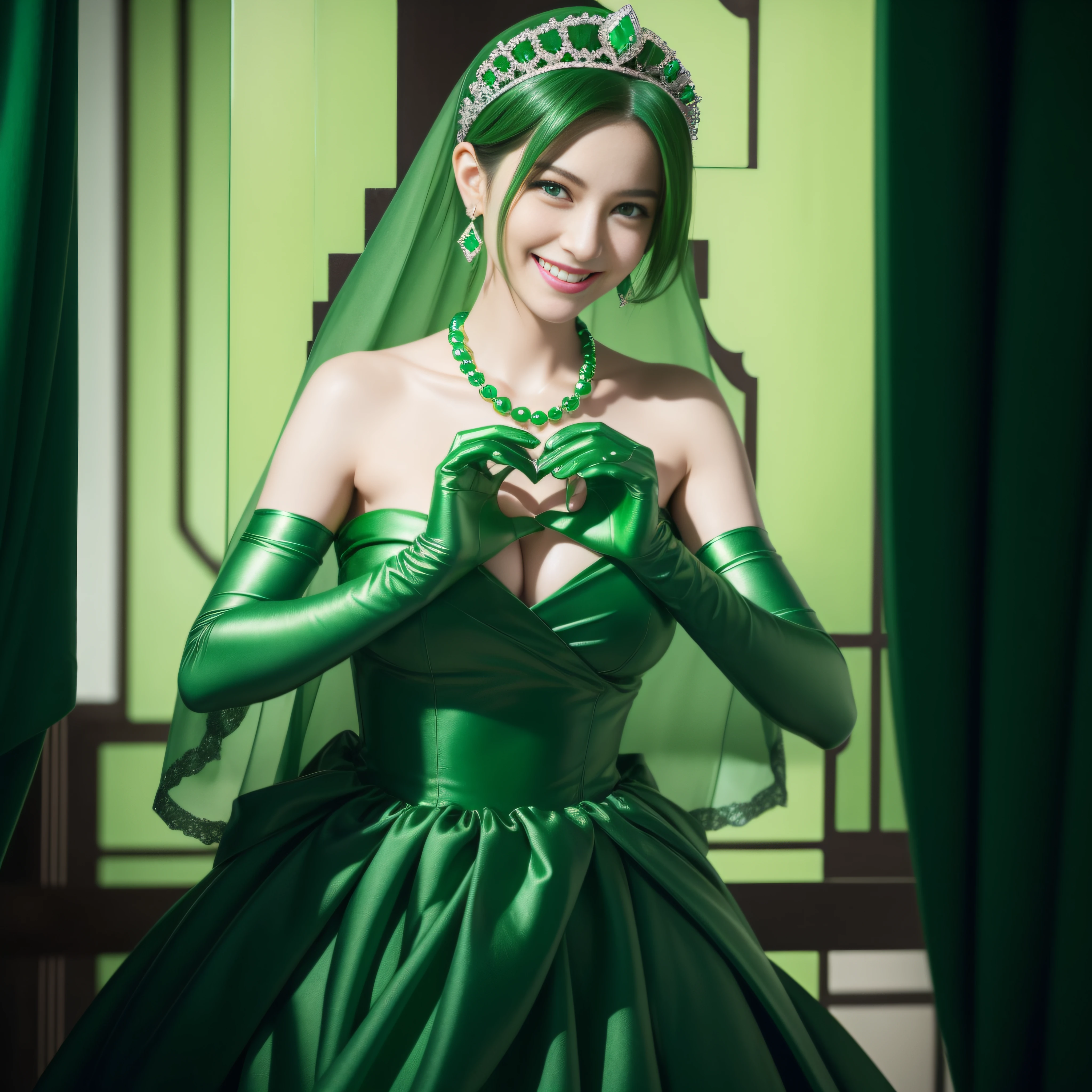 emerald tiara, Green Pearl Necklace, Boyish very short green hair, lipsticks, Japan woman smiling, very short short hair, big breasts beautiful, Green eyes, Long green gloves made of satin material, Green eyes, Emerald Earrings, green vale, Heart with both hands