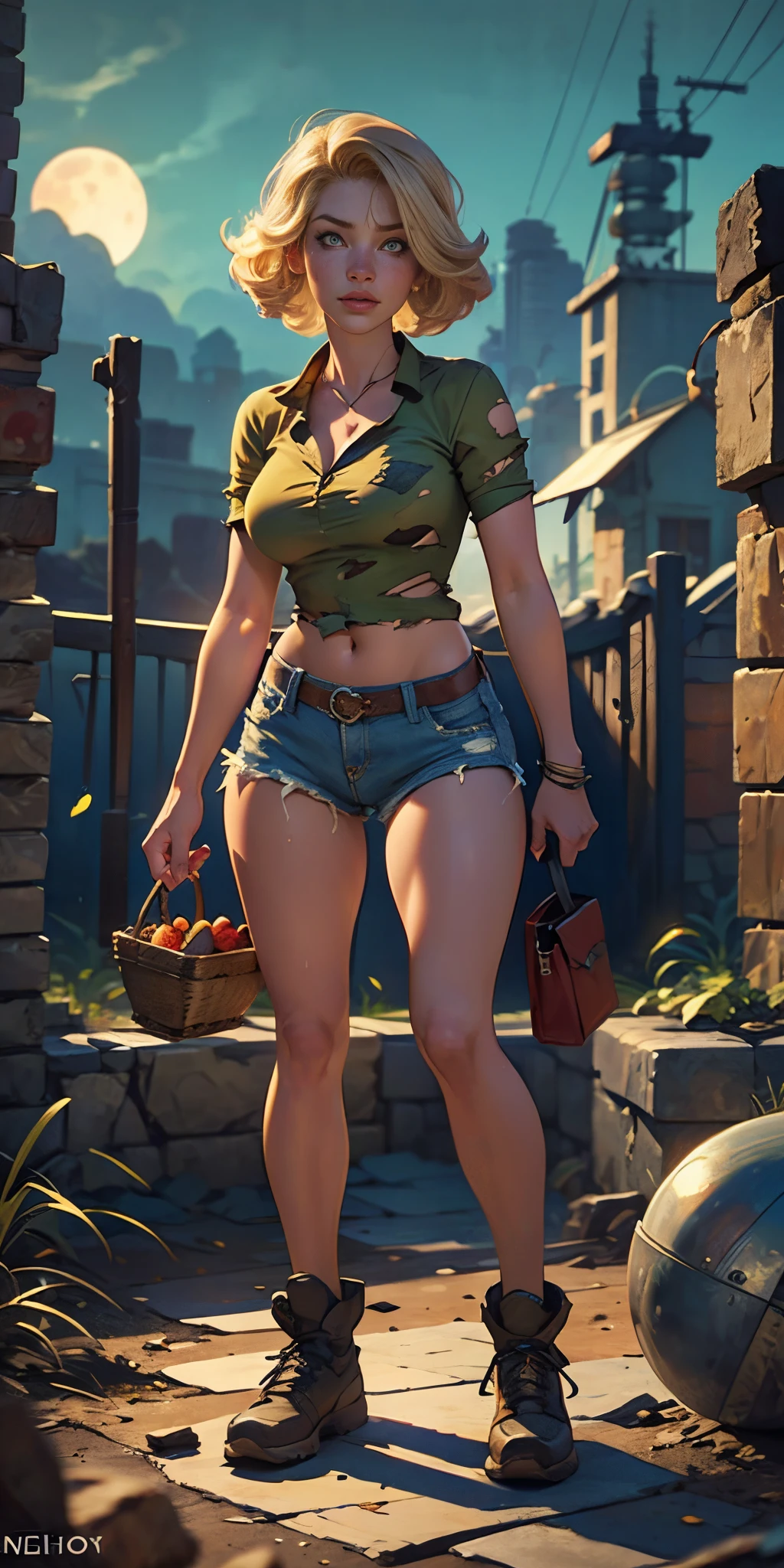 2076 year. The Urban Ruins of the Wasteland, Female huntress picking fruit in the garden, beautiful face, blonde, torn shirt and denim shorts , long legs, sweating through, sun rising, Nice warm colors, head to toe full body shot