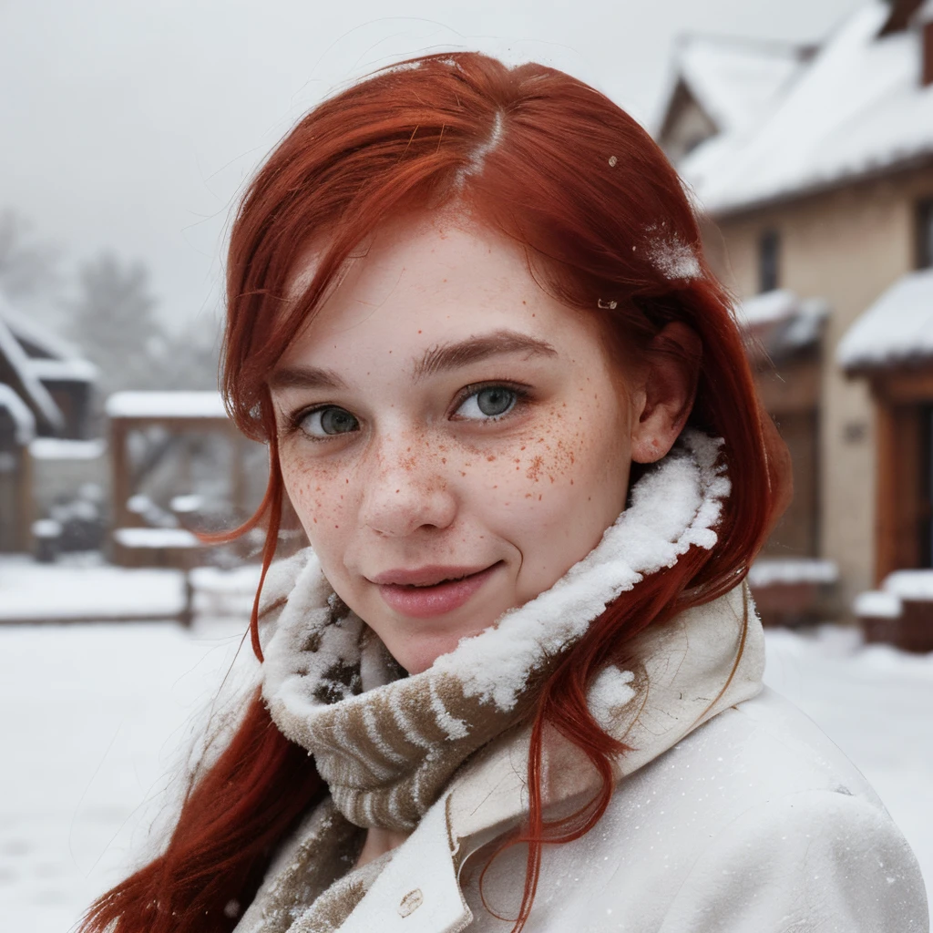 Woman in snowy scene, red hair, freckles on cheeks.