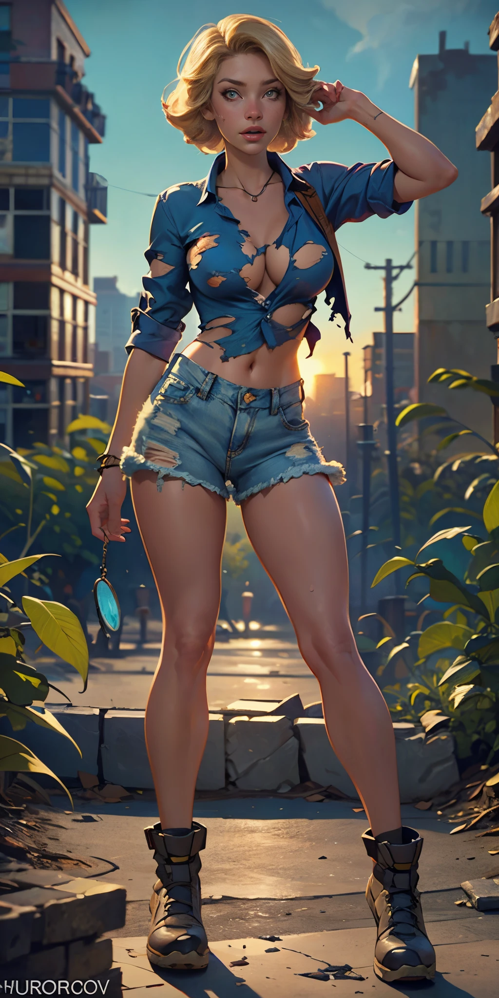 2076 year. The Urban Ruins of the Wasteland, Female huntress picking fruit in the garden, beautiful face, blonde, torn shirt and denim shorts , long legs, sweating through, sun rising, Nice warm colors, head to toe full body shot